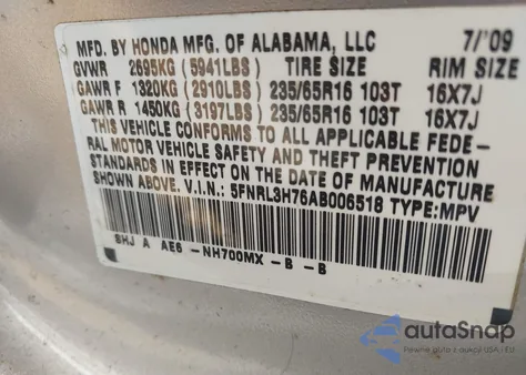 2010 Honda Odyssey Ex-L from USA, damaged, VIN 5FNRL3H76AB006518